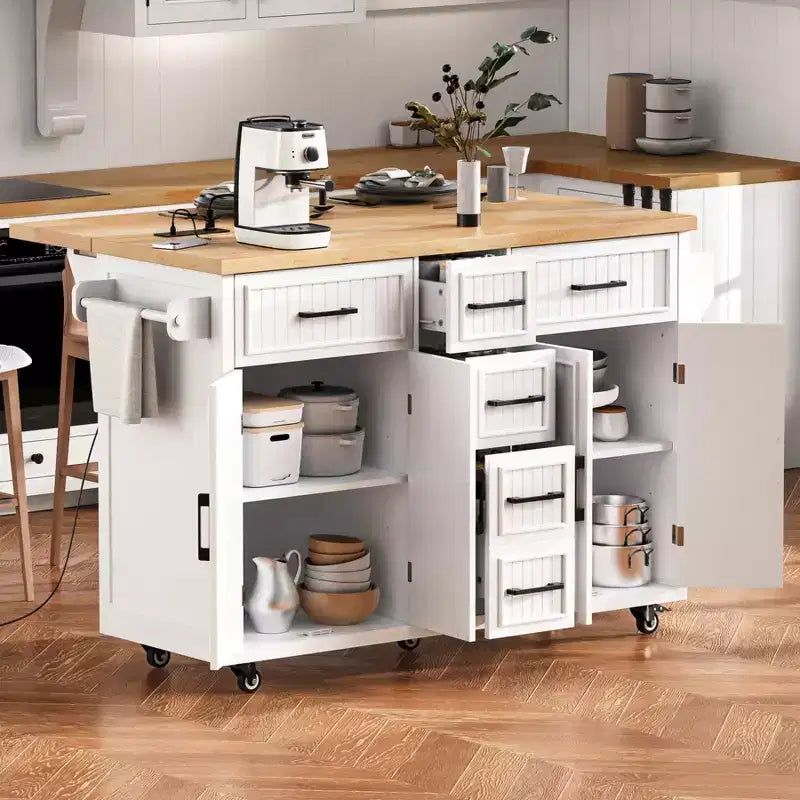 Isola da Cucina con Anta a Ribalta, Cassetti Contenitore, Ante e Presa di Corrente Integrata