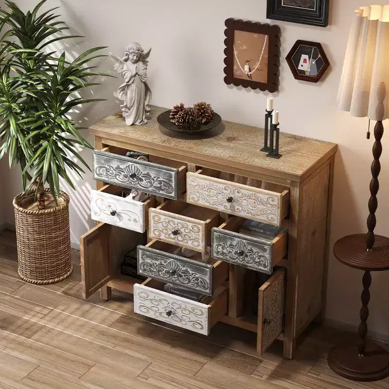 Comodino vintage in legno da 39,37'' con 7 cassetti e 2 armadietti laterali