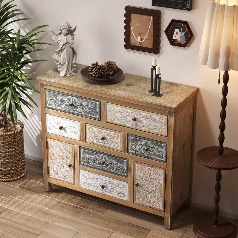 Comodino vintage in legno da 39,37'' con 7 cassetti e 2 armadietti laterali