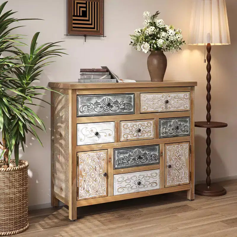 Comodino vintage in legno da 39,37'' con 7 cassetti e 2 armadietti laterali