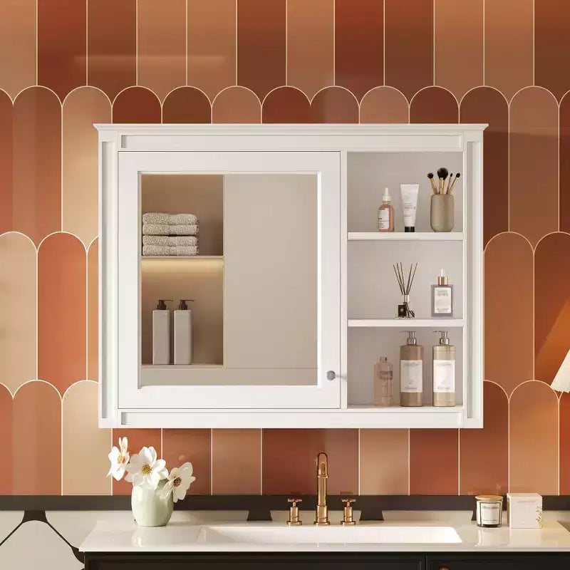 Pensile bagno a specchio con contenitore - Bianco