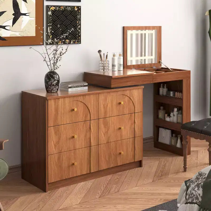 Okak Vanity Desk with Flip-Top Mirror, Vintage Vanity with 7 Drawers, 3 Shelves and 9 Compartments, Compact Vanity for Bedroom, Living Room