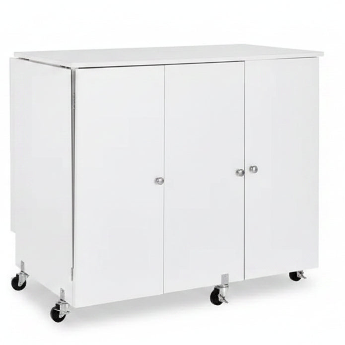 VEVOR Folding Sewing Table, Multipurpose Sewing Machine Table with Cabinet, Compact Design, Wheels, Wooden Pegs, Storage Trays and Shelf, White