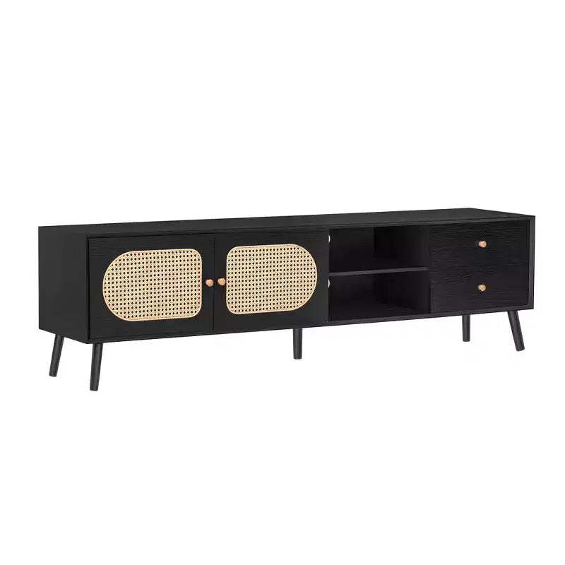Mobile TV da 70,9" con ante in rattan, cassetti e ripiani aperti per TV fino a 80 pollici, Nero