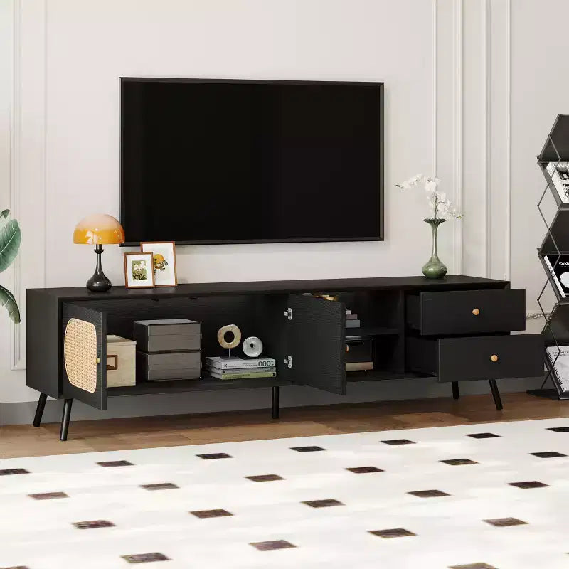 Mobile TV da 70,9" con ante in rattan, cassetti e ripiani aperti per TV fino a 80 pollici, Nero
