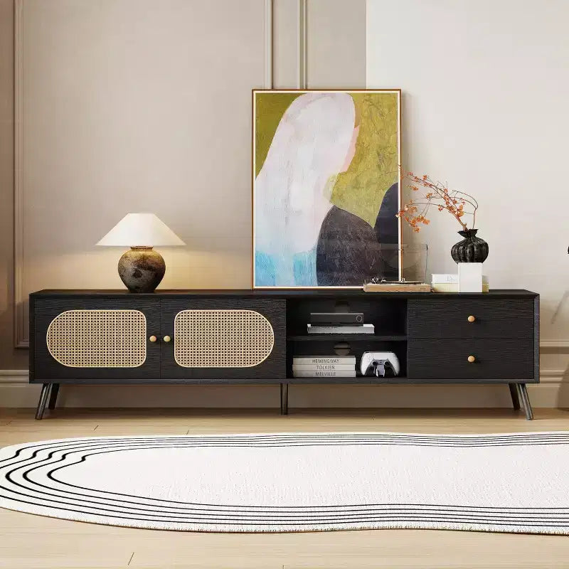 Mobile TV da 70,9" con ante in rattan, cassetti e ripiani aperti per TV fino a 80 pollici, Nero