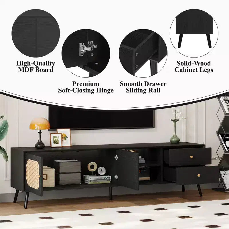 Mobile TV da 70,9" con ante in rattan, cassetti e ripiani aperti per TV fino a 80 pollici, Nero