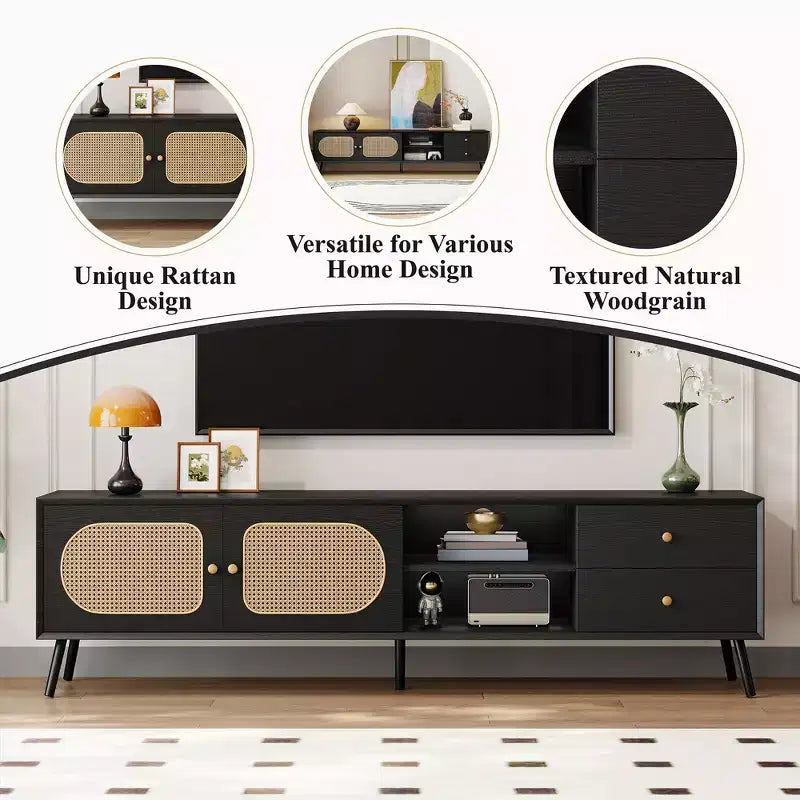 Mobile TV da 70,9" con ante in rattan, cassetti e ripiani aperti per TV fino a 80 pollici, Nero