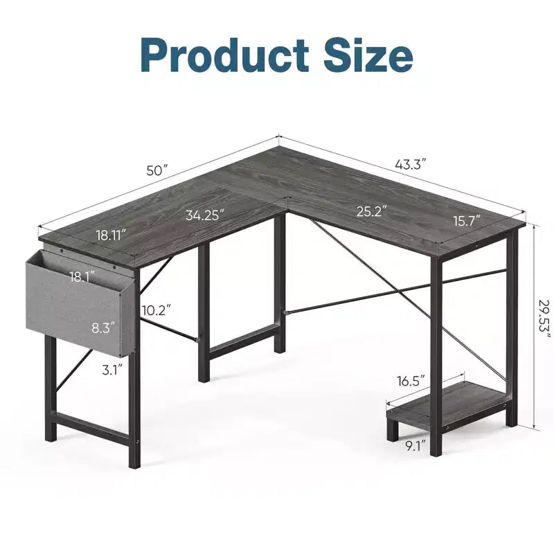 Scrivania angolare a L con telaio a X, ripiano porta-CPU e borsa laterale, 127 cm