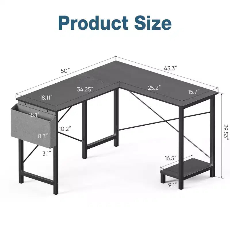 Scrivania angolare a L con telaio a X, ripiano porta-CPU e borsa laterale, 127 cm