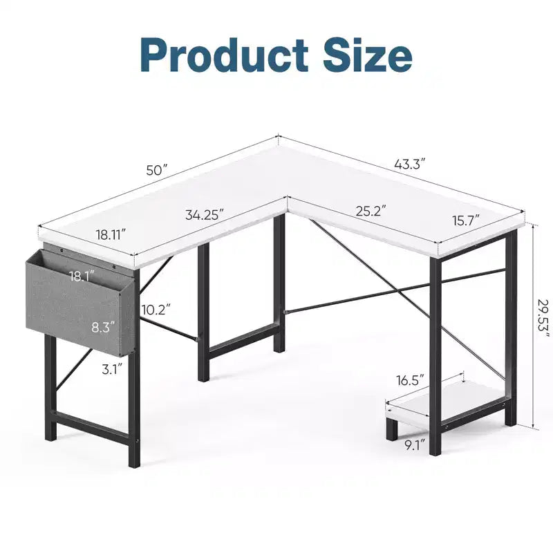 Scrivania angolare a L con telaio a X, ripiano porta-CPU e borsa laterale, 127 cm
