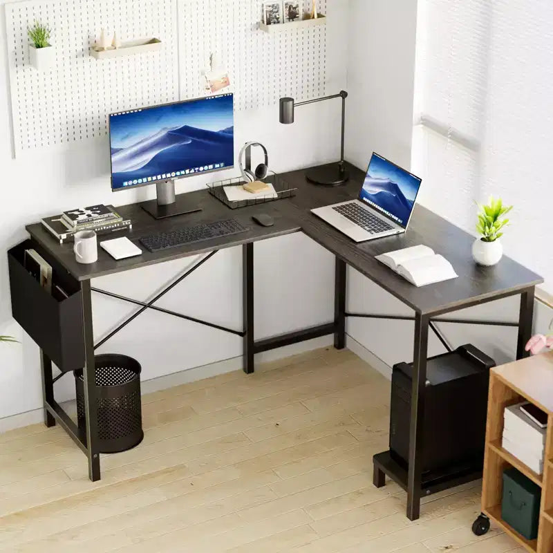 Scrivania angolare a L con telaio a X, ripiano porta-CPU e borsa laterale, 127 cm
