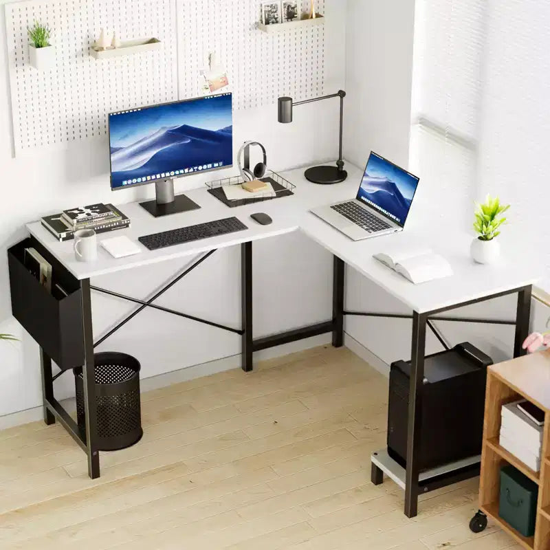 Scrivania angolare a L con telaio a X, ripiano porta-CPU e borsa laterale, 127 cm