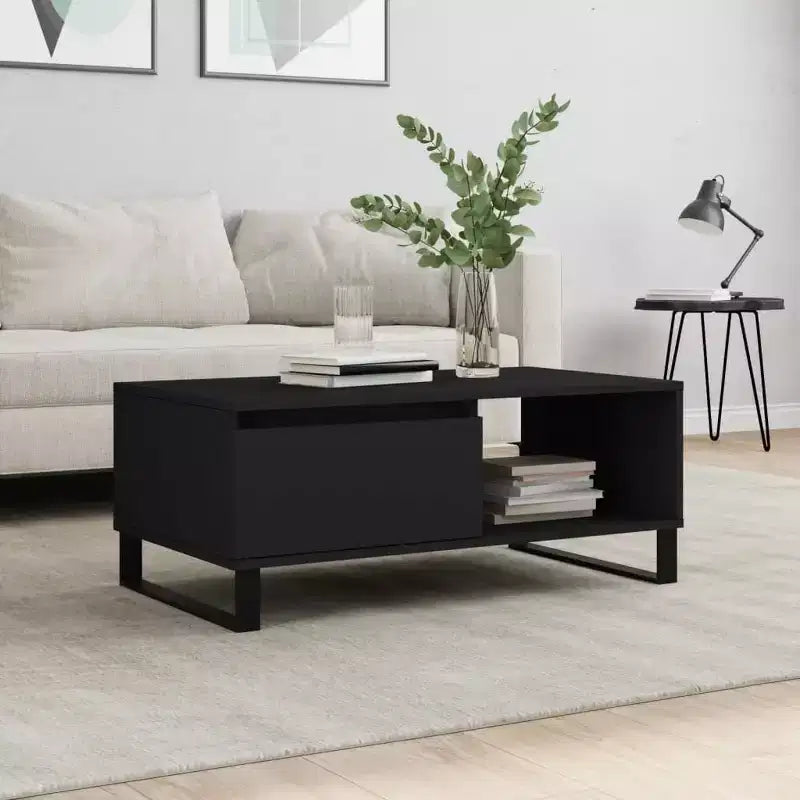 Tavolino da Caffè Nero con Cassetto e Ripiano Aperto – Legno Ingegnerizzato, Gambe in Metallo, 50cm L x 90cm P x 36.5cm H