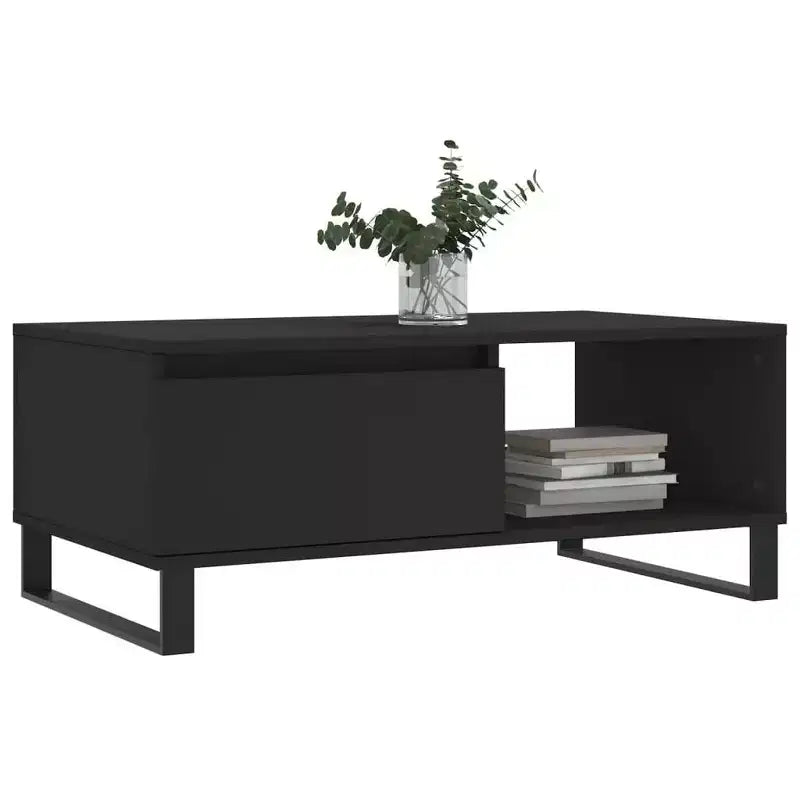 Tavolino da Caffè Nero con Cassetto e Ripiano Aperto – Legno Ingegnerizzato, Gambe in Metallo, 50cm L x 90cm P x 36.5cm H
