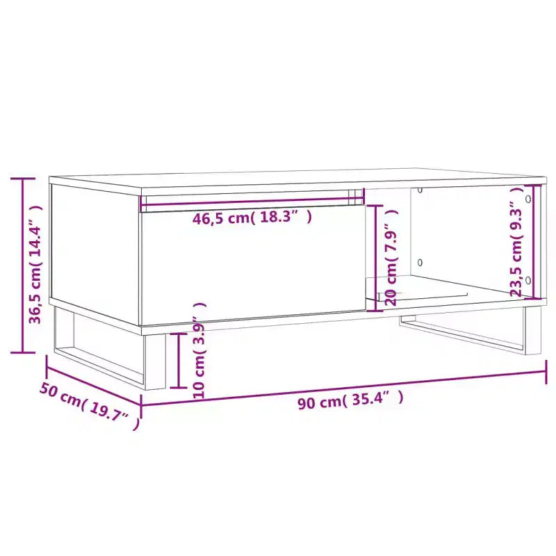 Tavolino da Caffè Nero con Cassetto e Ripiano Aperto – Legno Ingegnerizzato, Gambe in Metallo, 50cm L x 90cm P x 36.5cm H