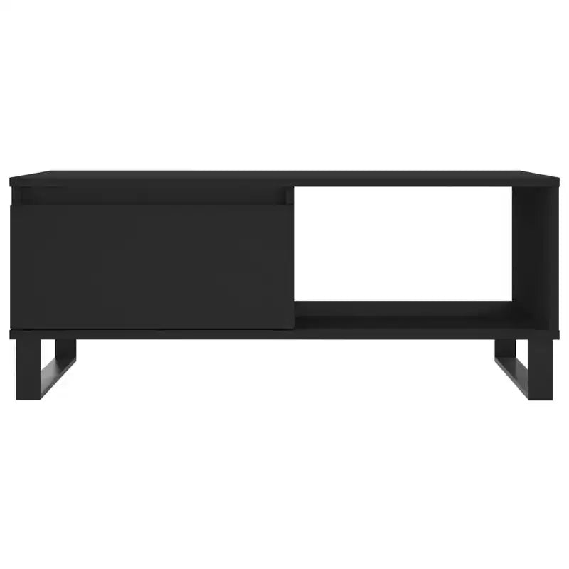 Tavolino da Caffè Nero con Cassetto e Ripiano Aperto – Legno Ingegnerizzato, Gambe in Metallo, 50cm L x 90cm P x 36.5cm H