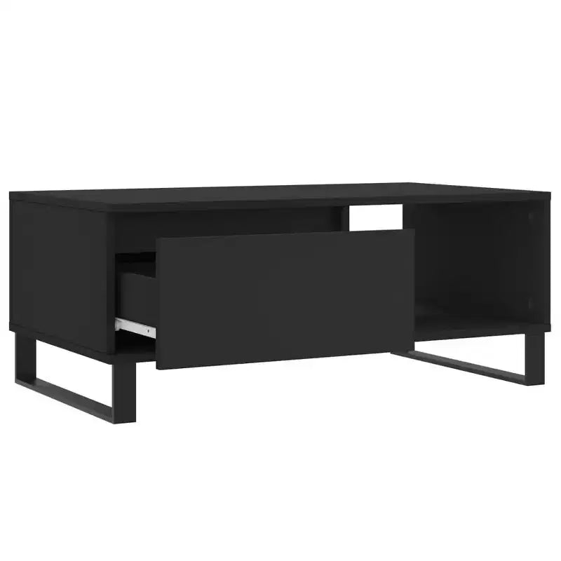 Tavolino da Caffè Nero con Cassetto e Ripiano Aperto – Legno Ingegnerizzato, Gambe in Metallo, 50cm L x 90cm P x 36.5cm H