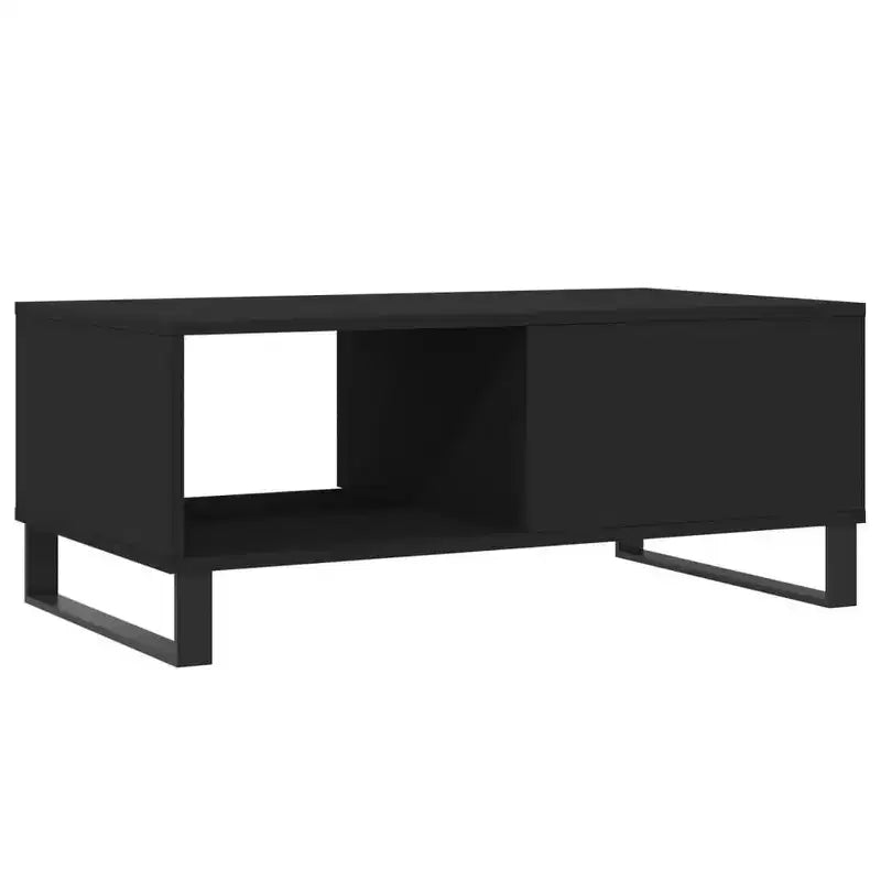 Tavolino da Caffè Nero con Cassetto e Ripiano Aperto – Legno Ingegnerizzato, Gambe in Metallo, 50cm L x 90cm P x 36.5cm H