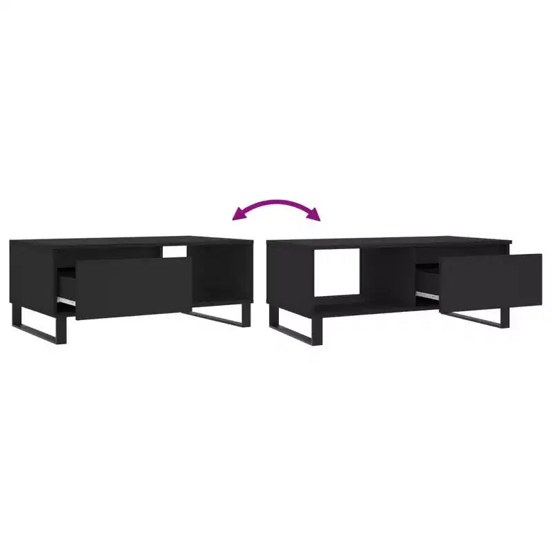 Tavolino da Caffè Nero con Cassetto e Ripiano Aperto – Legno Ingegnerizzato, Gambe in Metallo, 50cm L x 90cm P x 36.5cm H
