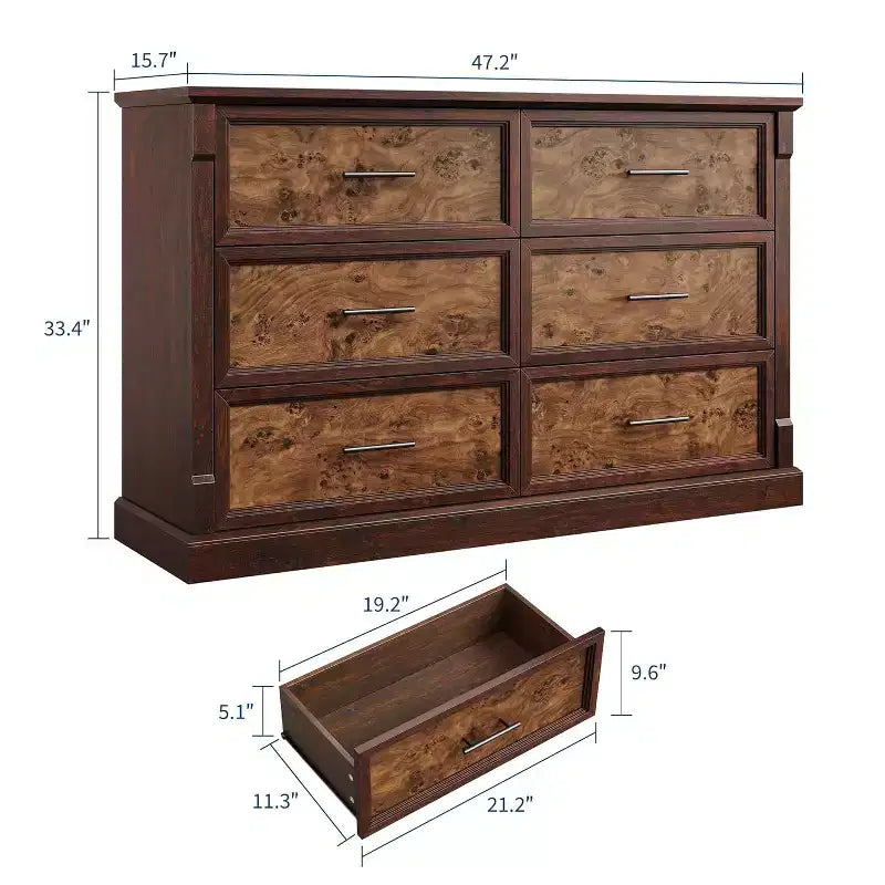 Cassettiera stile coloniale a 6 cassetti profondi – Legno ingegnerizzato, 119 cm L x 40 cm P x 85 cm H