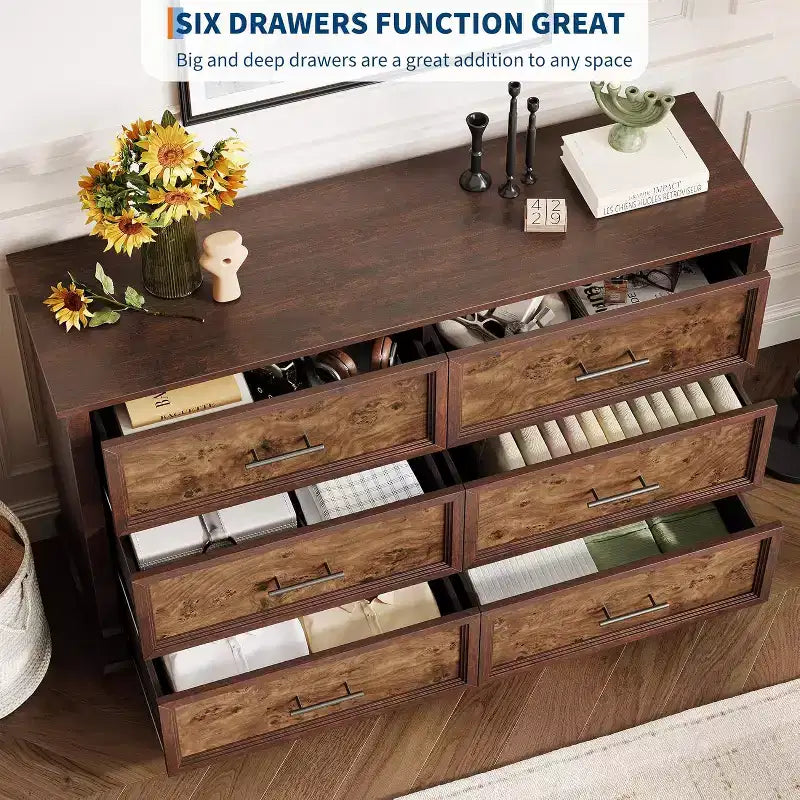 Cassettiera stile coloniale a 6 cassetti profondi – Legno ingegnerizzato, 119 cm L x 40 cm P x 85 cm H