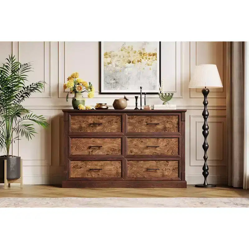 Cassettiera stile coloniale a 6 cassetti profondi – Legno ingegnerizzato, 119 cm L x 40 cm P x 85 cm H