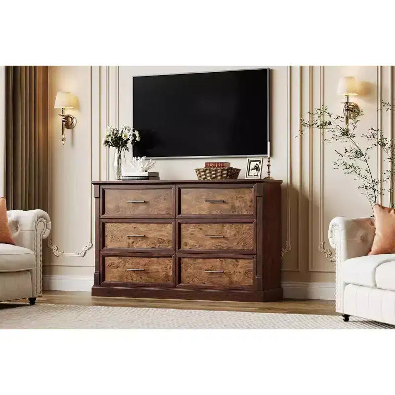 Cassettiera stile coloniale a 6 cassetti profondi – Legno ingegnerizzato, 119 cm L x 40 cm P x 85 cm H