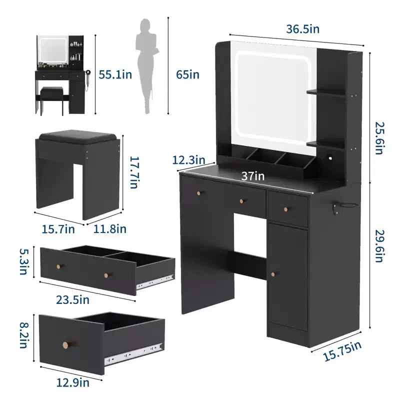 Toeletta con Specchio LED, 4 Ripiani Aperti, 2 Cassetti, Porte USB e Sgabello – Legno Ingegnerizzato