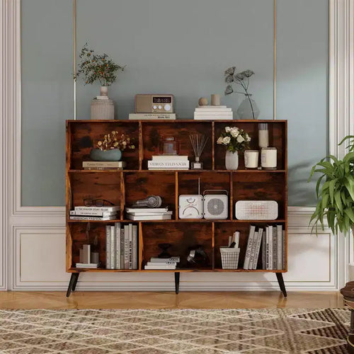 10-Cube Storage Shelf Bookcase, Wood Cube Storage Organizer, Wooden 3-Tier Bookcase for Living Room/Office, Display Cabinet, Home Decor Storage Cubes