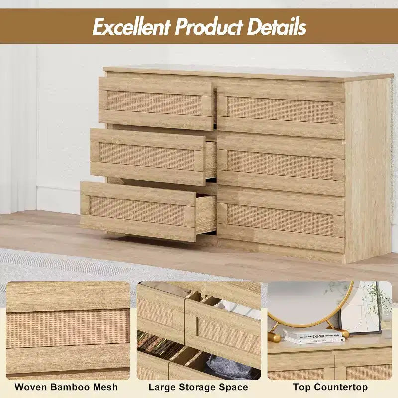 Comò a 6 cassetti sottile con frontali dei cassetti in rattan intrecciato a mano – Struttura in carta riciclata, 19.69"L x 52.36"P x 43.31"H