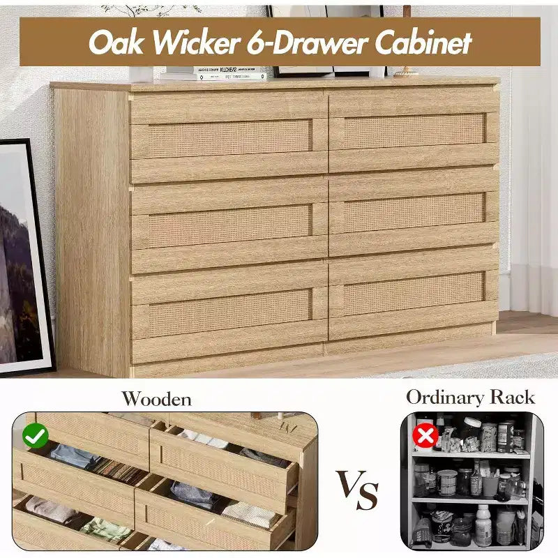 Comò a 6 cassetti sottile con frontali dei cassetti in rattan intrecciato a mano – Struttura in carta riciclata, 19.69"L x 52.36"P x 43.31"H