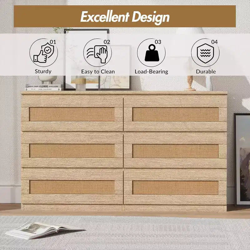 Comò a 6 cassetti sottile con frontali dei cassetti in rattan intrecciato a mano – Struttura in carta riciclata, 19.69"L x 52.36"P x 43.31"H