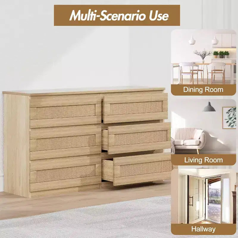 Comò a 6 cassetti sottile con frontali dei cassetti in rattan intrecciato a mano – Struttura in carta riciclata, 19.69"L x 52.36"P x 43.31"H