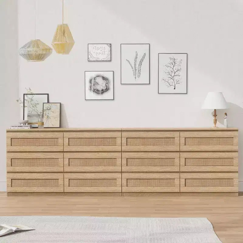 Comò a 6 cassetti sottile con frontali dei cassetti in rattan intrecciato a mano – Struttura in carta riciclata, 19.69"L x 52.36"P x 43.31"H