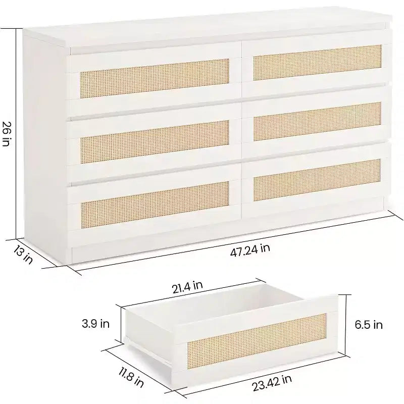 Comò a 6 cassetti sottile con frontali dei cassetti in rattan intrecciato a mano – Struttura in carta riciclata, 19.69"L x 52.36"P x 43.31"H