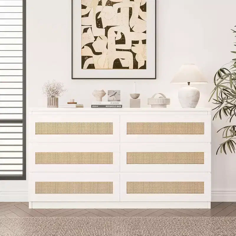 Comò a 6 cassetti sottile con frontali dei cassetti in rattan intrecciato a mano – Struttura in carta riciclata, 19.69"L x 52.36"P x 43.31"H