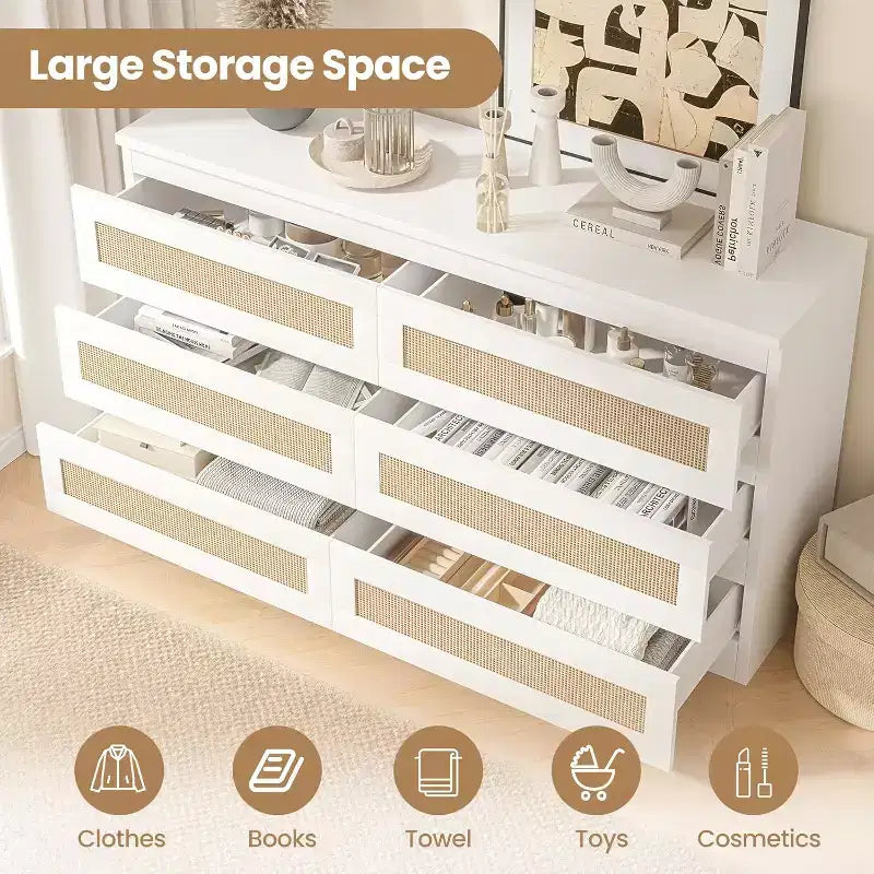 Comò a 6 cassetti sottile con frontali dei cassetti in rattan intrecciato a mano – Struttura in carta riciclata, 19.69"L x 52.36"P x 43.31"H