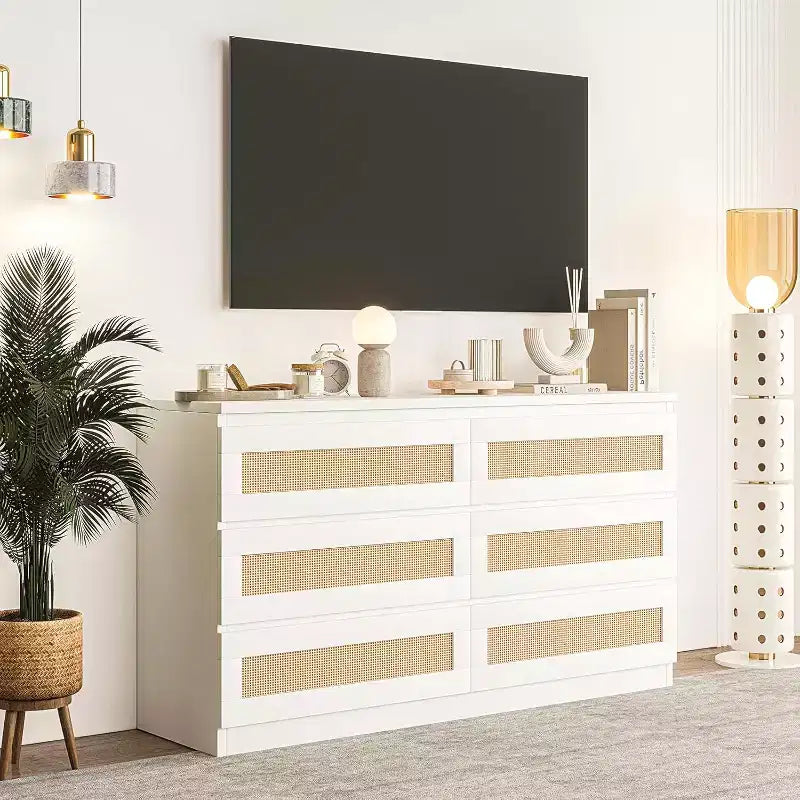 Comò a 6 cassetti sottile con frontali dei cassetti in rattan intrecciato a mano – Struttura in carta riciclata, 19.69"L x 52.36"P x 43.31"H