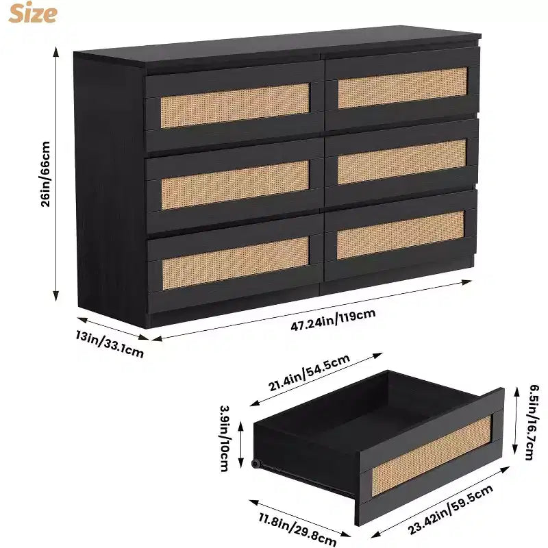 Comò a 6 cassetti sottile con frontali dei cassetti in rattan intrecciato a mano – Struttura in carta riciclata, 19.69"L x 52.36"P x 43.31"H