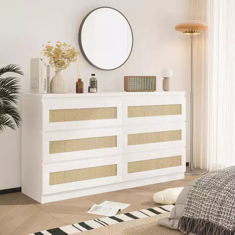 Comò a 6 cassetti sottile con frontali dei cassetti in rattan intrecciato a mano – Struttura in carta riciclata, 19.69"L x 52.36"P x 43.31"H