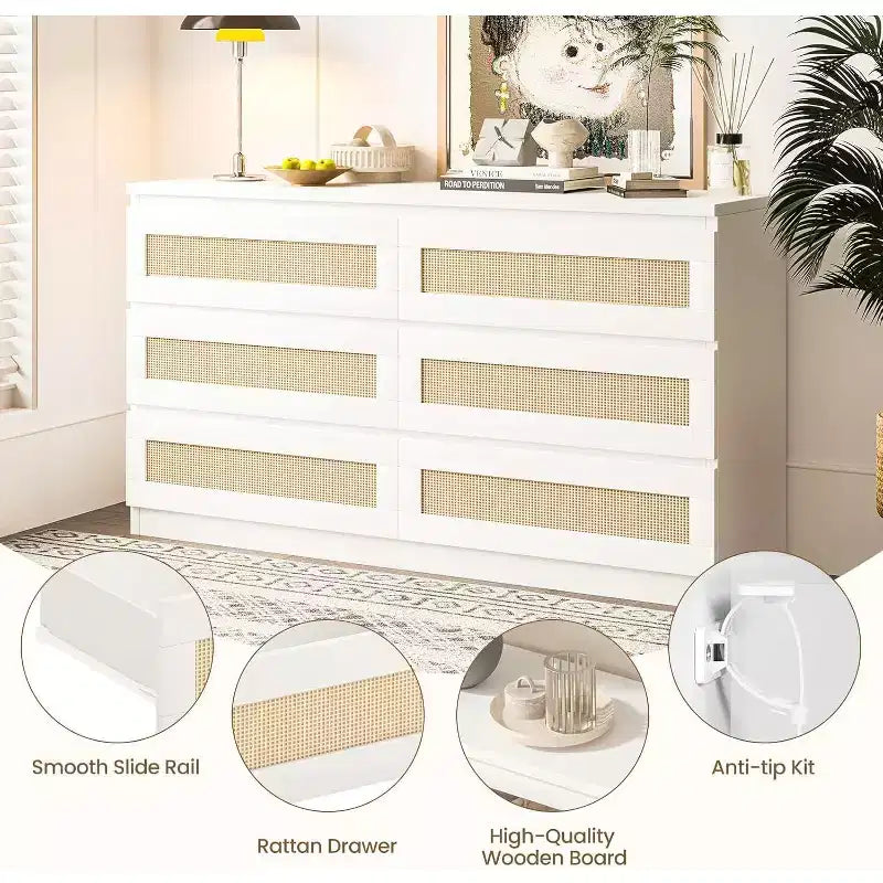 Comò a 6 cassetti sottile con frontali dei cassetti in rattan intrecciato a mano – Struttura in carta riciclata, 19.69"L x 52.36"P x 43.31"H