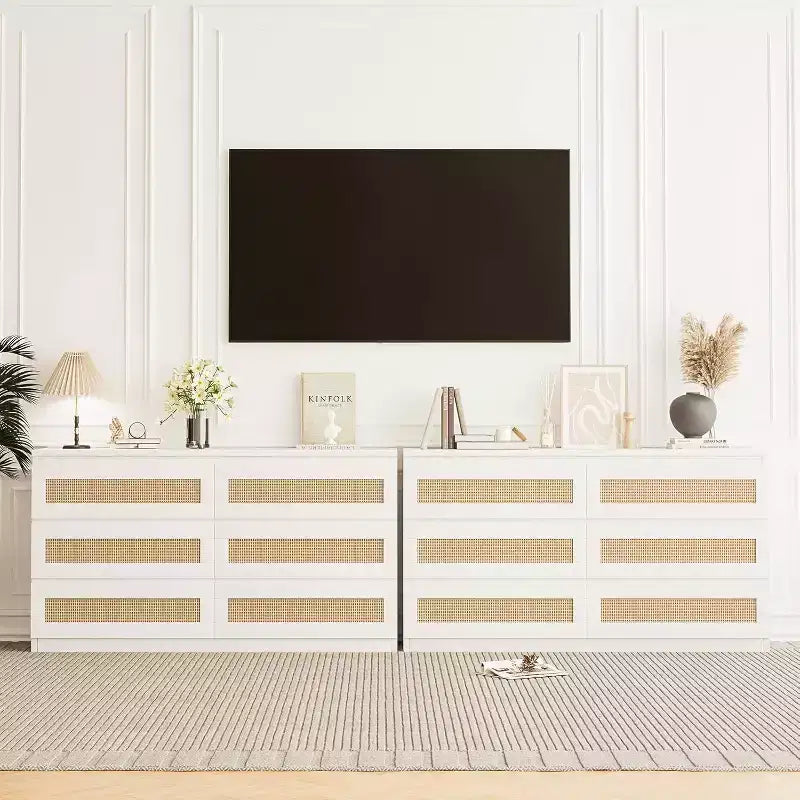 Comò a 6 cassetti sottile con frontali dei cassetti in rattan intrecciato a mano – Struttura in carta riciclata, 19.69"L x 52.36"P x 43.31"H