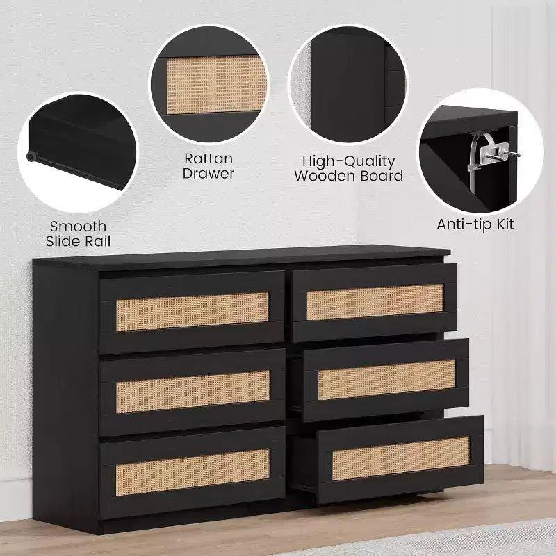 Comò a 6 cassetti sottile con frontali dei cassetti in rattan intrecciato a mano – Struttura in carta riciclata, 19.69"L x 52.36"P x 43.31"H