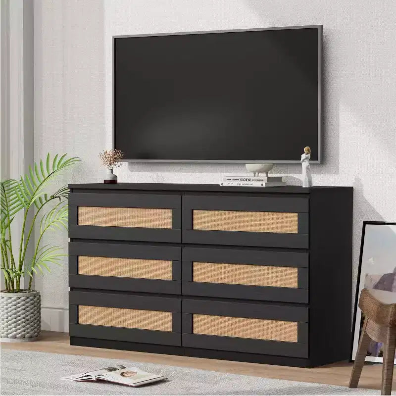 Comò a 6 cassetti sottile con frontali dei cassetti in rattan intrecciato a mano – Struttura in carta riciclata, 19.69"L x 52.36"P x 43.31"H