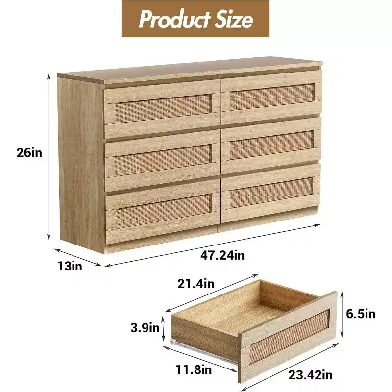Comò a 6 cassetti sottile con frontali dei cassetti in rattan intrecciato a mano – Struttura in carta riciclata, 19.69"L x 52.36"P x 43.31"H