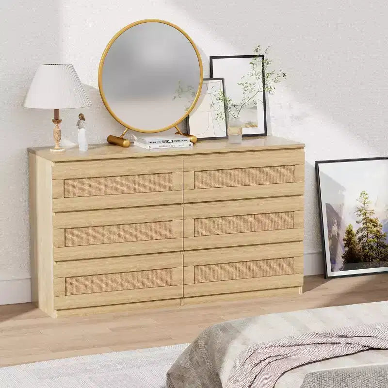 Comò a 6 cassetti sottile con frontali dei cassetti in rattan intrecciato a mano – Struttura in carta riciclata, 19.69"L x 52.36"P x 43.31"H