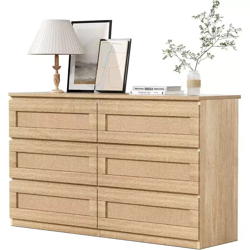 Comò a 6 cassetti sottile con frontali dei cassetti in rattan intrecciato a mano – Struttura in carta riciclata, 19.69"L x 52.36"P x 43.31"H