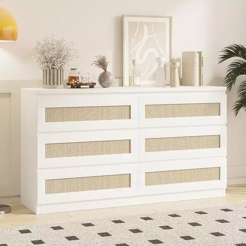 Comò a 6 cassetti sottile con frontali dei cassetti in rattan intrecciato a mano – Struttura in carta riciclata, 19.69"L x 52.36"P x 43.31"H