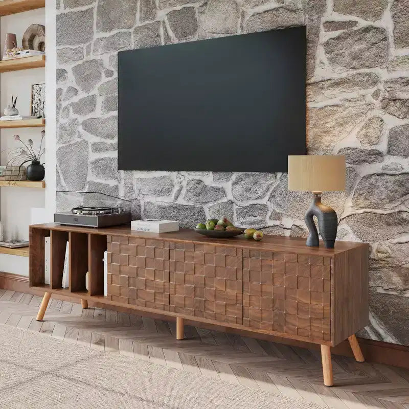 Mobile TV da 70" con gambe in legno massello e ante push-to-open – Struttura in MDF, 180 cm (L) x 40 cm (P) x 51 cm (H)